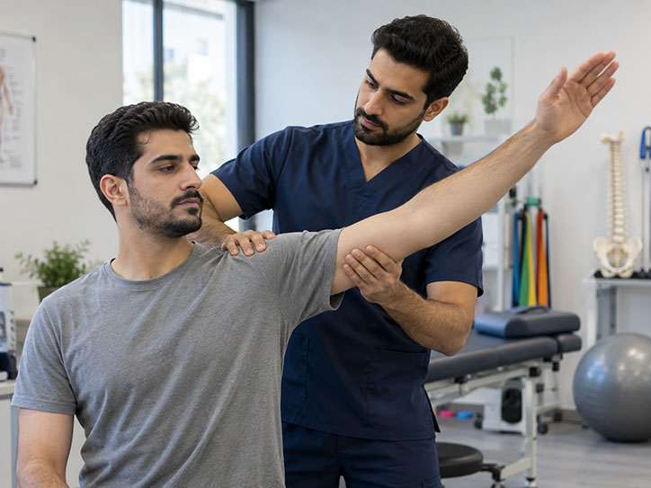 فیزیوتراپی شانه و ارزیابی دامنه حرکتی دست بیمار توسط فیزیوتراپیست