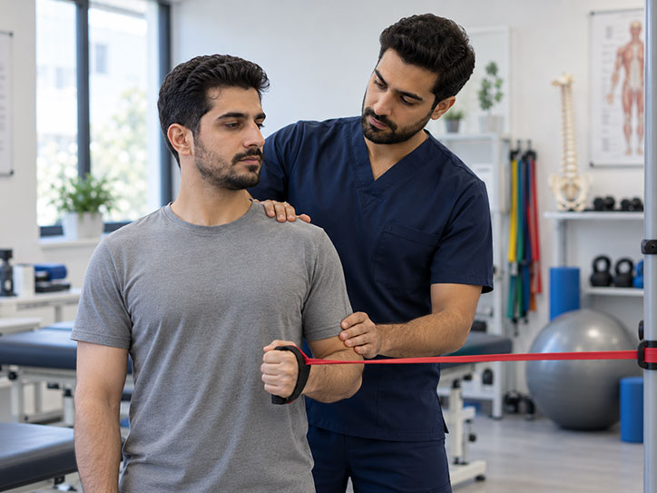 تمرین‌درمانی و تقویت عضلات شانه با کش ورزشی زیر نظر فیزیوتراپیست در کلینیک فیزیوتراپی