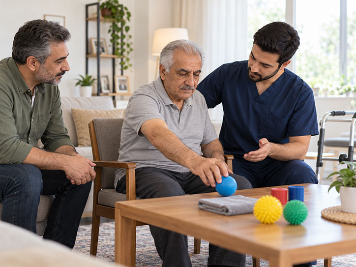 فیزیوتراپی سکته مغزی در منزل با نظارت فیزیوتراپیست و همراهی خانواده هنگام تمرین توانبخشی بیمار