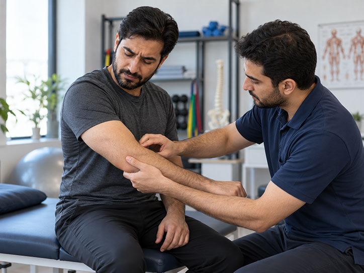 ارزیابی آرنج و ساعد بیمار مبتلا به تنیس البو توسط فیزیوتراپیست